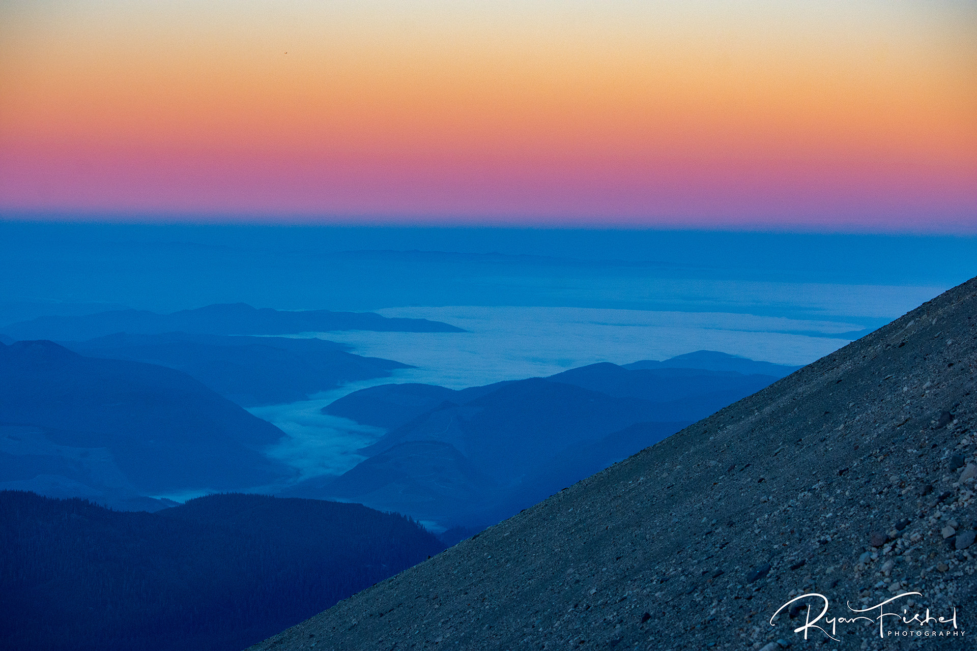 Sunrise off Mt. St. Helens into Lake